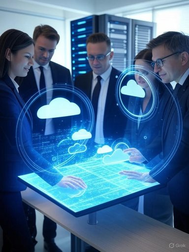 Business professionals analyze cloud computing technology using a holographic interface in a modern data center.
