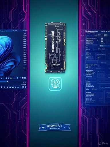 An M.2 NVMe SSD floats between glowing neon-lit circuit-board panels.