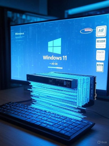 Glowing blue circuit boards stack on a keyboard before a Windows 11 boot screen.