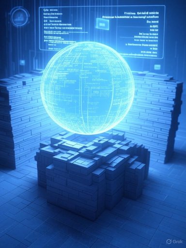 A glowing blue digital globe hovers over stacked bricks in a futuristic data center.
