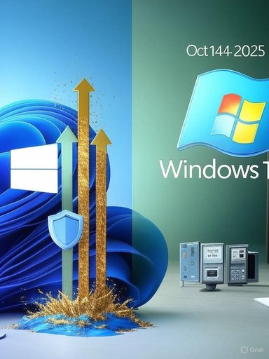 Windows 11 promotional artwork featuring the Windows logo, gold arrows, and a shield on a blue-green backdrop.