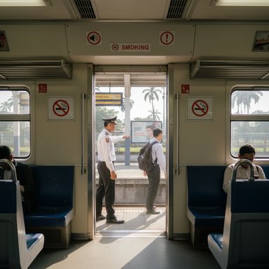 Conductor directs a boarding passenger from the open train door on a sunlit platform.