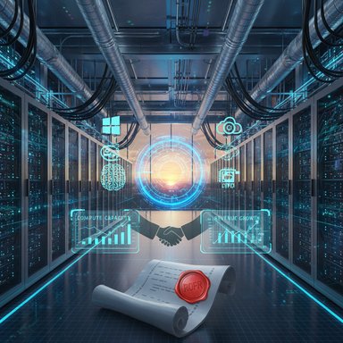 Futuristic data center with neon holograms, a handshake graphic, and a wax-sealed contract on the floor.