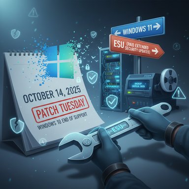 Technician uses a wrench to apply Windows 10 ESU Patch Tuesday on a server.