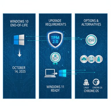 Three-panel infographic about Windows 10 end-of-life, TPM 2.0 upgrade requirements, and OS options.