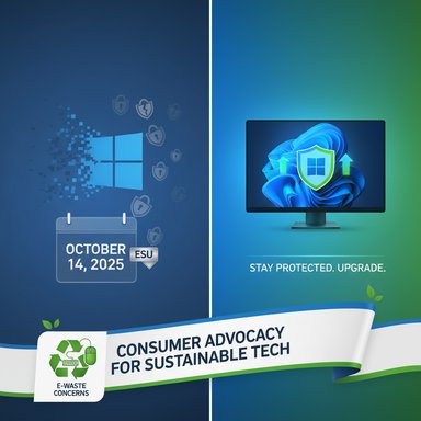 A split poster promoting consumer advocacy for sustainable tech and e-waste concerns, dated Oct 14, 2025.