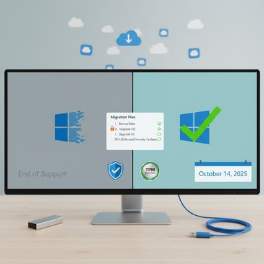A monitor on a desk displays a Windows migration plan with a date and a green checkmark.