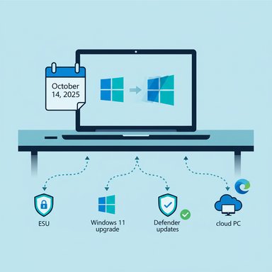 Laptop showing a Windows 11 upgrade plan with ESU, Defender updates, and cloud PC (Oct 14, 2025).