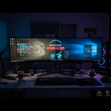 An ultrawide monitor dominates a cluttered desk in a dim, neon-lit room.
