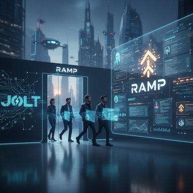 Four people walk through a glowing doorway into a high-tech RAMP hub with holographic screens.