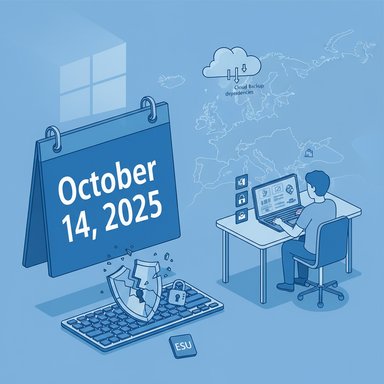 Blue illustration of a person at a desk with a laptop, a large October 14, 2025 calendar, and a security shield on a keyboard.