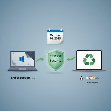 October 14, 2025 marks End of Support for Windows ESU, with TPM 2.0 security guiding ChromeOS alternatives.