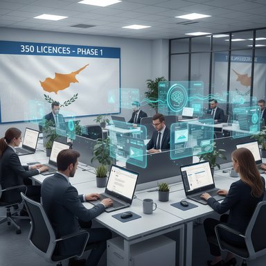 A modern open-plan office with professionals at laptops, surrounded by floating holographic data displays. A modern open-plan office with professionals at laptops, surrounded by floating holographic data displays.