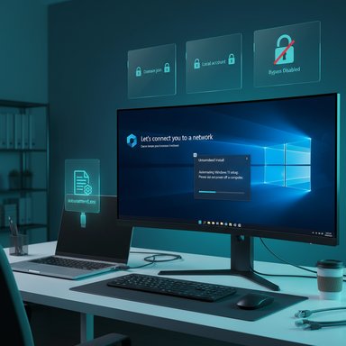 Futuristic office desk with a large monitor and holographic UI prompts projected on the wall. Futuristic office desk with a large monitor and holographic UI prompts projected on the wall.