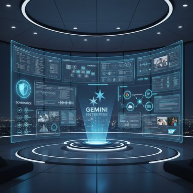 A futuristic control room with curved holographic screens surrounding a glowing Gemini Enterprise hub. A futuristic control room with curved holographic screens surrounding a glowing Gemini Enterprise hub.
