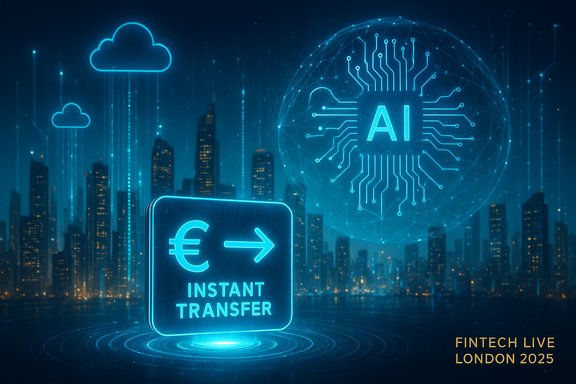 Futuristic blue cityscape with AI circuitry and instant euro transfers.