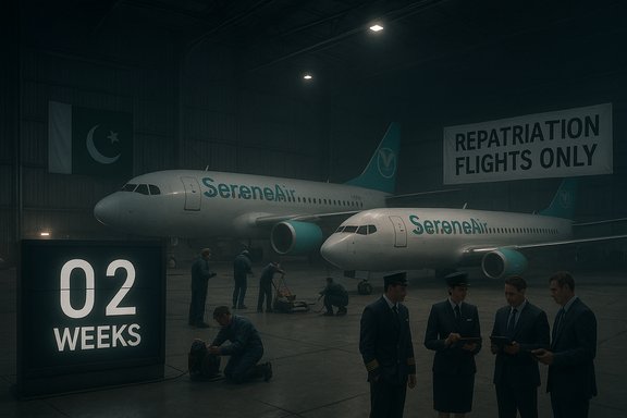 Two SereneAir jets in a dim hangar as crew prep for repatriation flights.