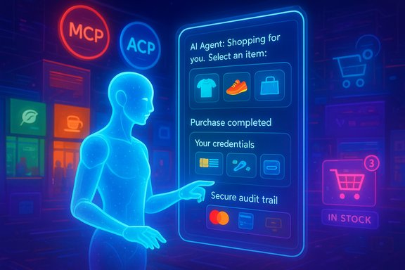 A neon holographic AI agent browses a futuristic shopping interface.