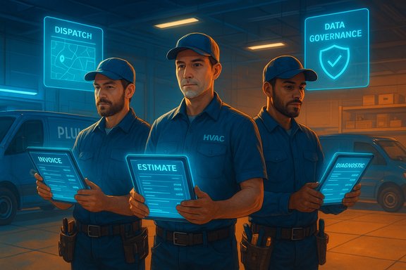 Three HVAC technicians in blue hold glowing tablets in a high-tech workshop. Three HVAC technicians in blue hold glowing tablets in a high-tech workshop.