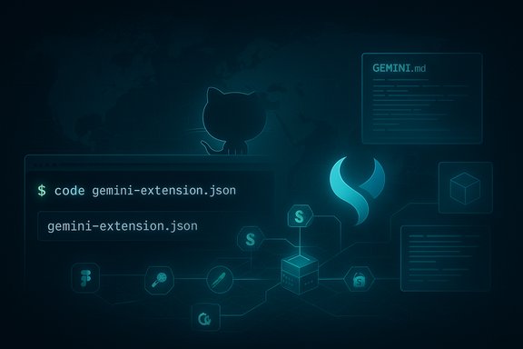 A futuristic teal code-scene showing gemini-extension.json in a terminal-like window.