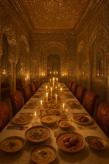 A candlelit, lavish banquet laid out along a long table in an ornate, gold-decorated hall.