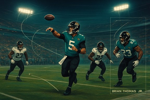 Jacksonville Jaguars QB #5 throws a pass as defenders close in under stadium lights.