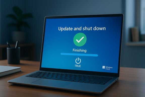 Laptop screen shows update and shut down finishing with a green checkmark. Laptop screen shows update and shut down finishing with a green checkmark.