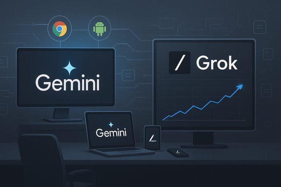 Gemini branding on multiple screens and devices, with a Grok analytics chart.