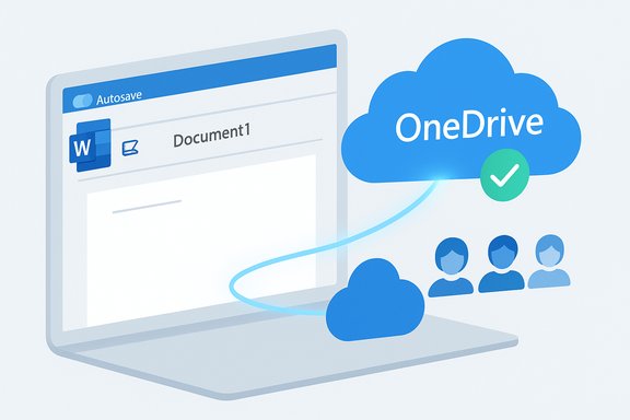 Word document autosaves to OneDrive cloud, syncing with users. Word document autosaves to OneDrive cloud, syncing with users.