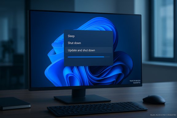 A desktop monitor shows a Windows update screen with Update and shut down selected. A desktop monitor shows a Windows update screen with Update and shut down selected.