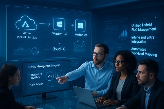Team reviews Azure Cloud PC workflow on large holographic screens.