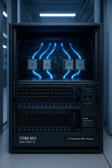 A data center server rack with glowing blue cables and multiple GPUs.
