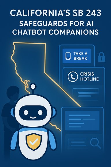 Illustration promoting California's SB 243 safeguards for AI chatbot companions.