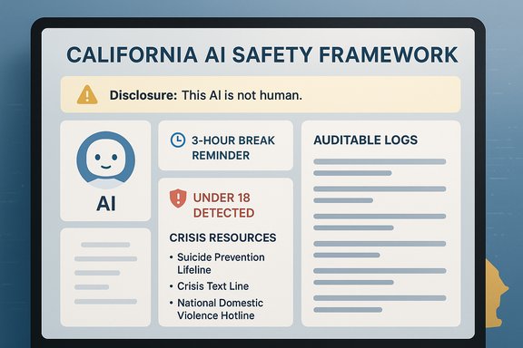 California AI Safety Framework dashboard with a disclosure banner, AI icon, reminders, and crisis resources.