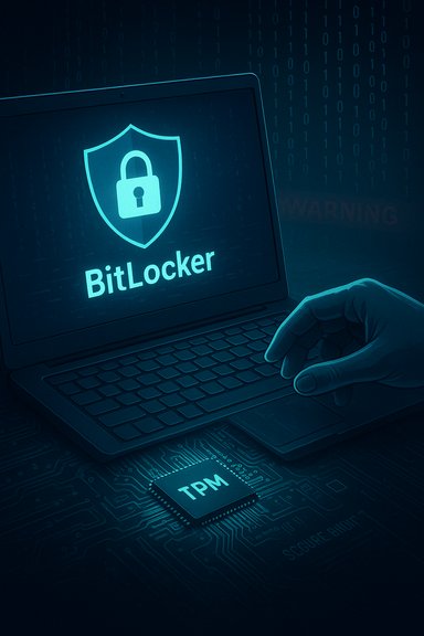 Laptop screen shows BitLocker with a lock shield; a TPM chip sits on the circuit board.