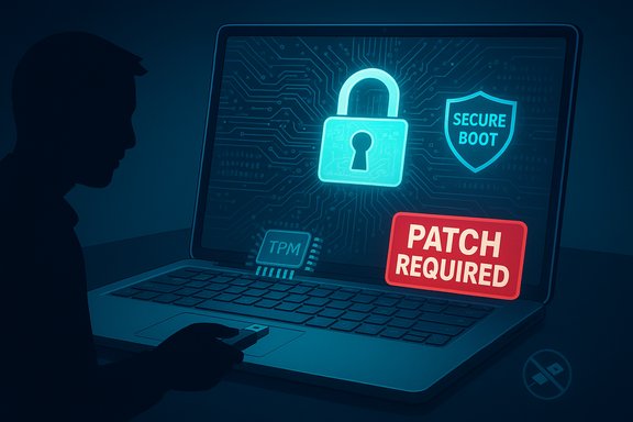 A person uses a laptop displaying a glowing padlock, Secure Boot shield, and a Patch Required alert.