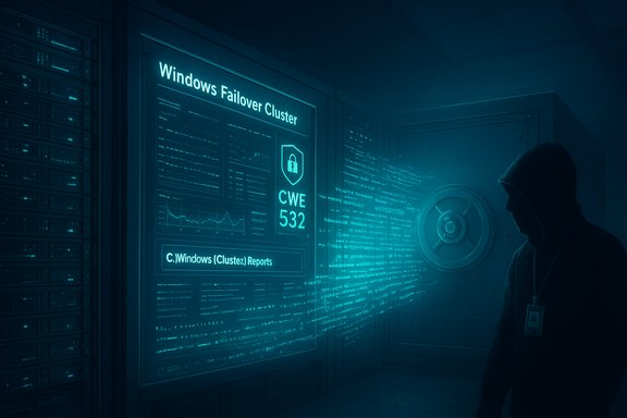 A hooded figure in a server room watches a glowing Windows Failover Cluster display.