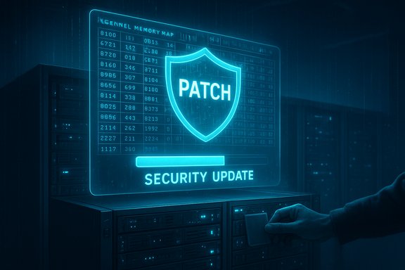 Blue holographic patch shield displays a security update above server racks.