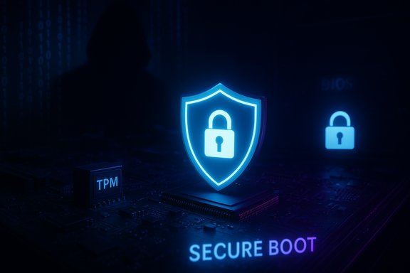 Glowing blue shield with a lock sits on a motherboard, illustrating Secure Boot.