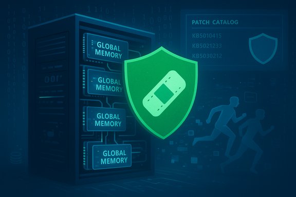 A blue data server with 'Global Memory' modules and a glowing green shield emblem.