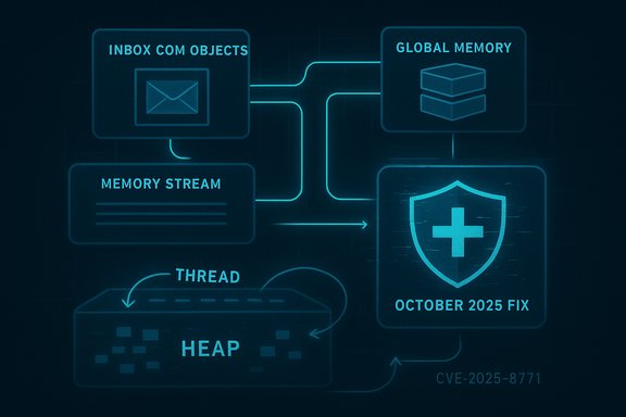 Tech diagram showing memory components and a CVE-2025-8771 fix for October 2025.