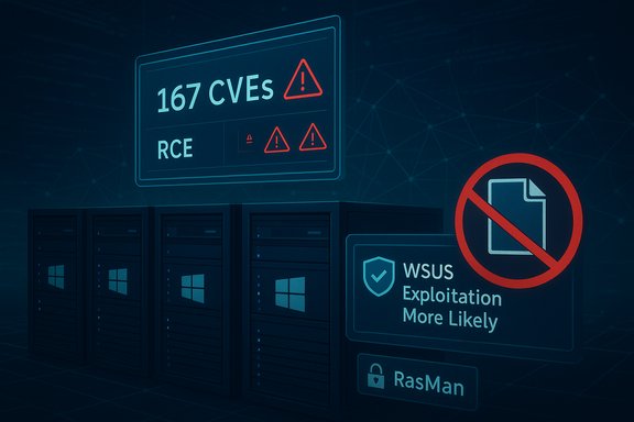 Windows server racks show 167 CVEs and WSUS exploitation warnings.