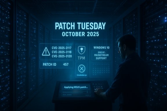 A technician applies a WSUS patch during Patch Tuesday in a blue-lit data center, October 2025.