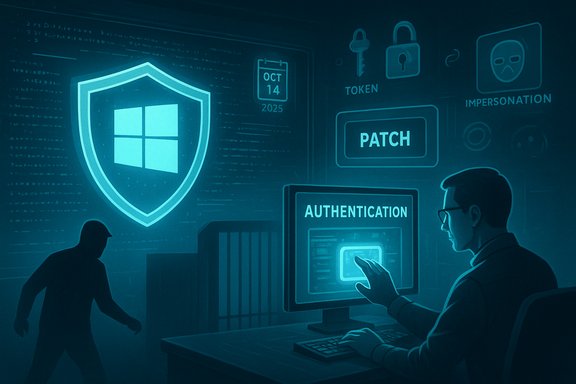 A cybersecurity illustration with a glowing shield, authentication screen, and a silhouetted intruder.