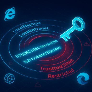 A neon blue key hovers over a digital diagram of trusted sites and restricted networks.