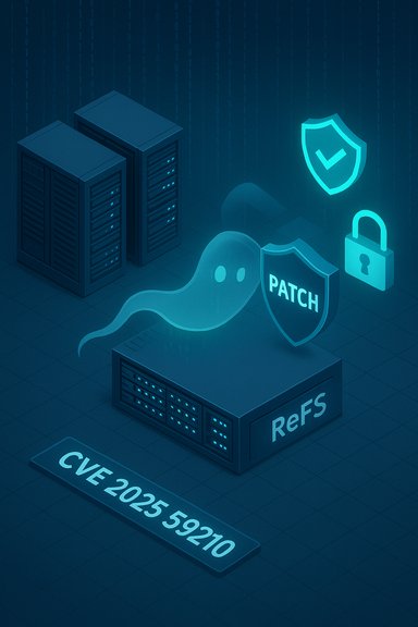 Neon blue data-center scene showing a patch shield fixes a CVE vulnerability (CVE-2025-59210).