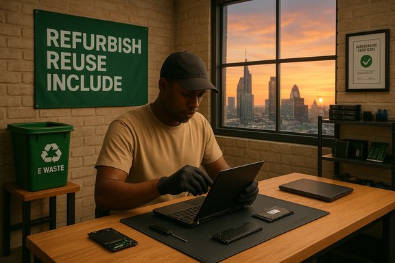 A tech worker refurbishes devices at a desk as a city sunset fills the window.