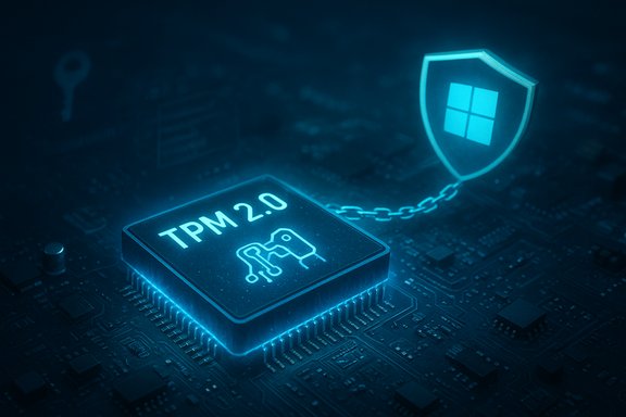 A TPM 2.0 security chip on a motherboard linked to a Windows shield for hardware security.
