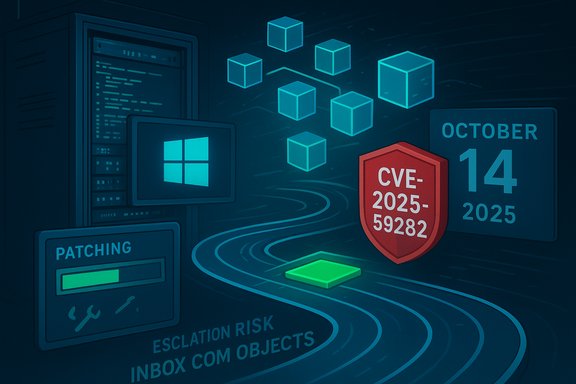 Cybersecurity illustration showing patching progress, a CVE shield, Windows icon, and floating data cubes.