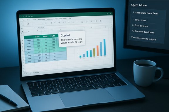 Laptop screen shows an Excel-like sheet with a bar chart and a Copilot tooltip.